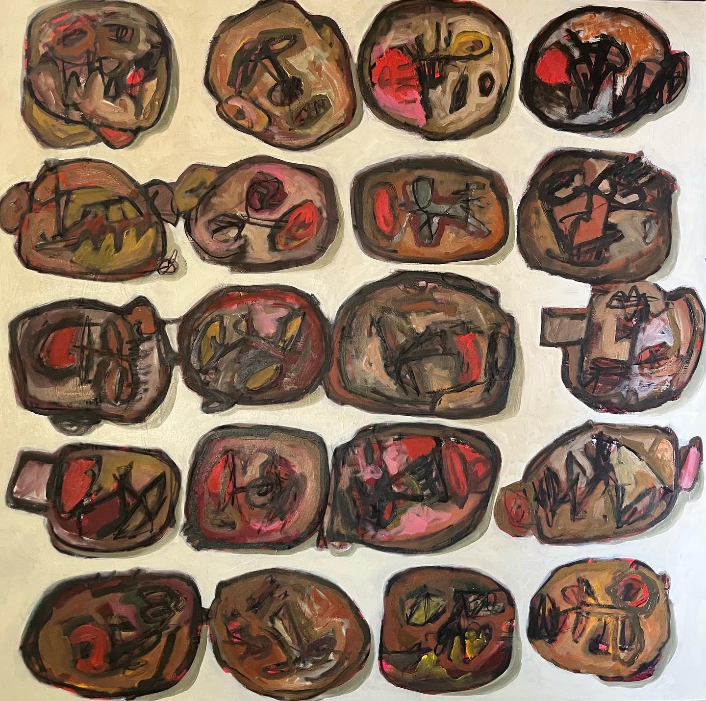 Rows of rounded abstract head-like forms in brown, ochre, coral red and pink on a pale cream ground.