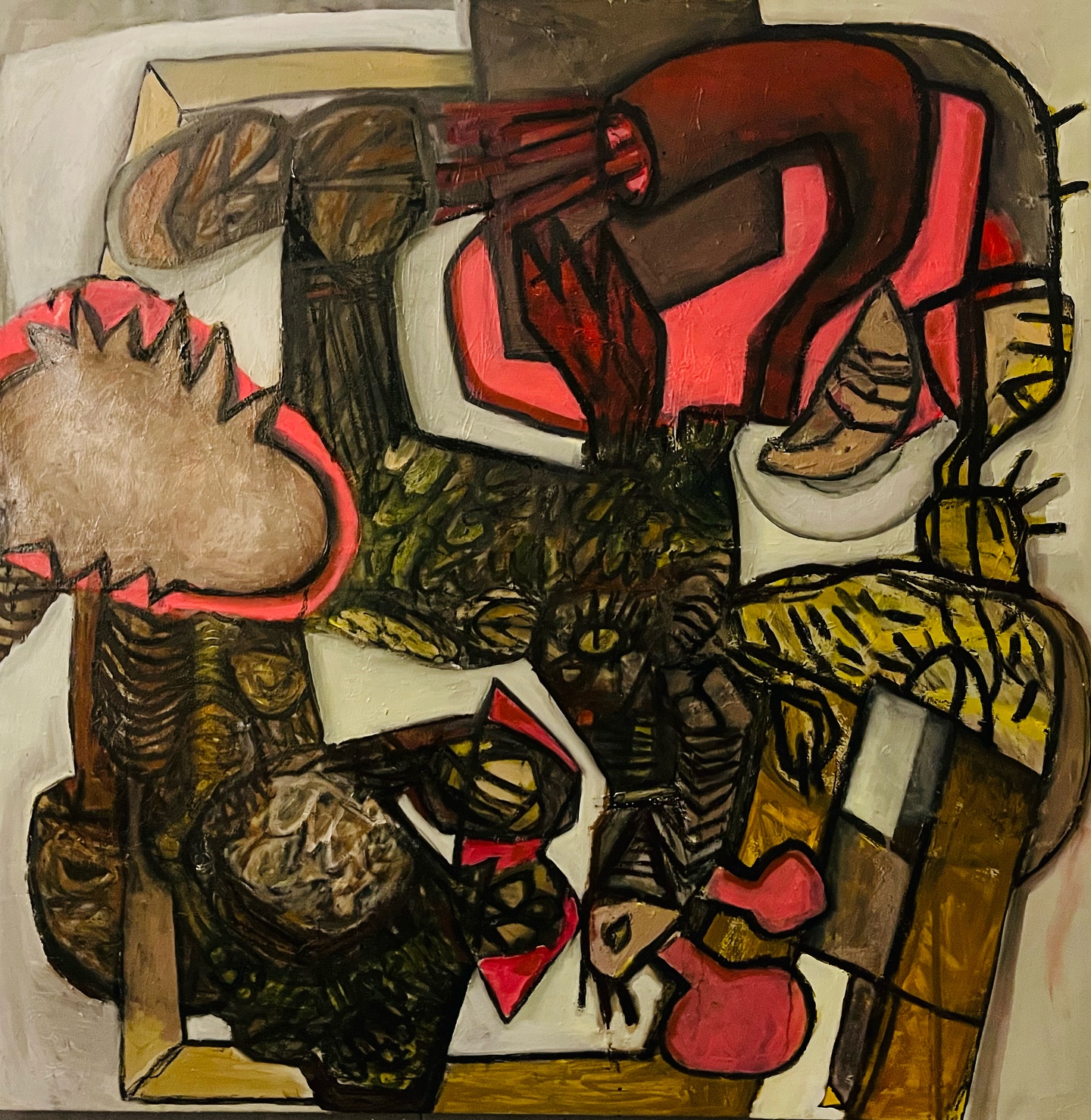 Abstract composition of interlocking figures and angular forms in coral red, ochre, black and cream.