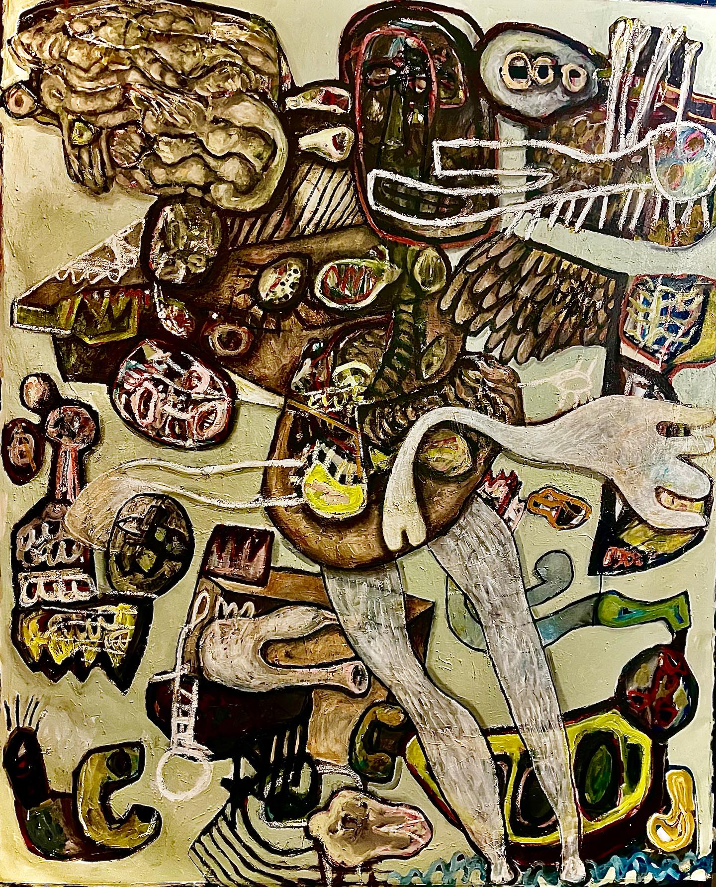 Large abstract painting of interlocking faces, figures and pale sweeping forms in cream, ochre, brown, black and yellow.