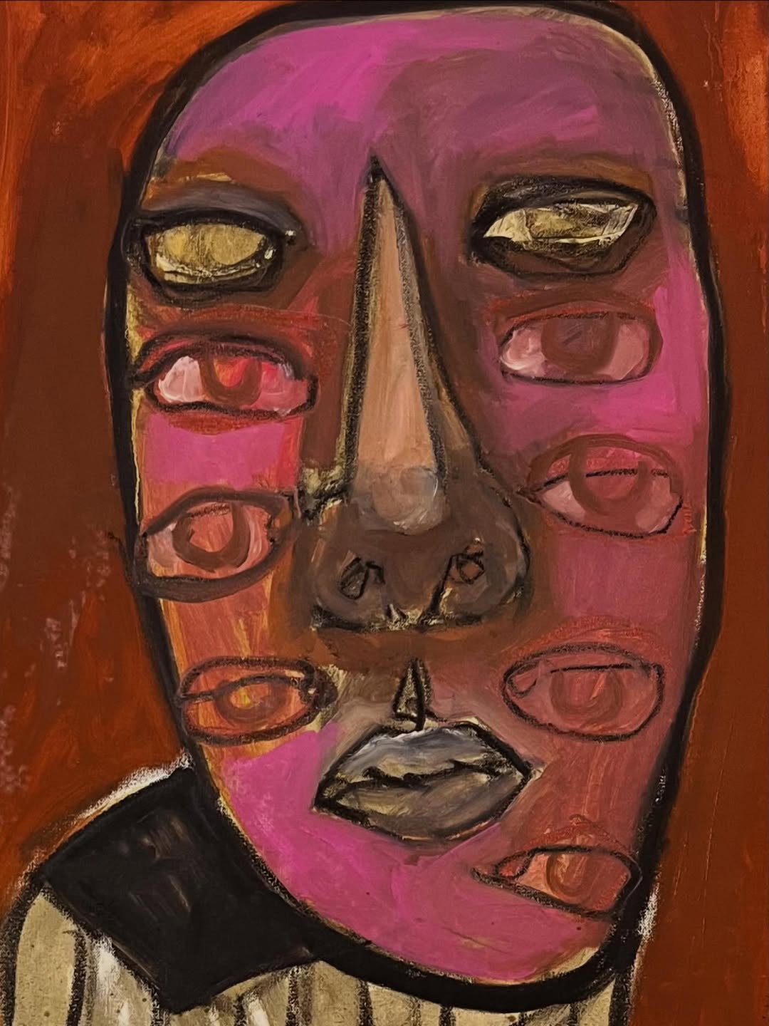 Portrait in magenta and burnt orange, with multiple eyes and a long central nose.