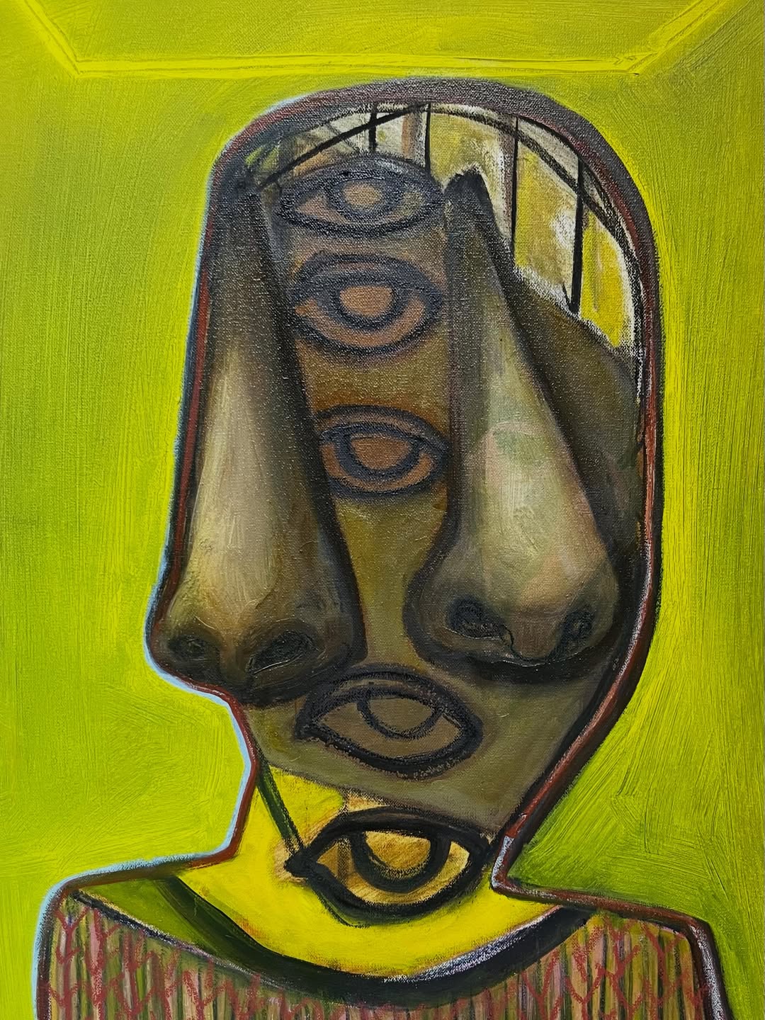 Portrait on a vivid yellow-green ground, with repeated eyes and two elongated noses.